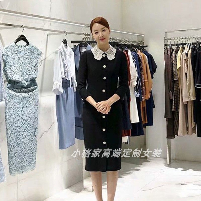 2024秋新款明星同款甜美气质蕾丝领通勤简约中长裙连衣裙大码黑色