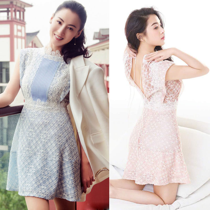 乘风破浪的姐姐张含韵同款走秀夏装减龄甜美蕾丝修身蝴蝶结连衣裙