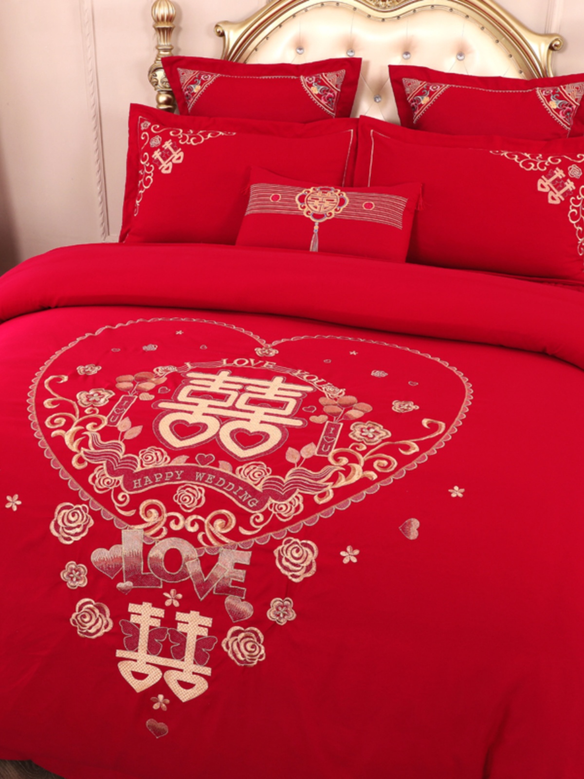 新婚庆四件套大红全棉刺绣结婚房嫁喜被龙凤纯棉六十件套床上用品