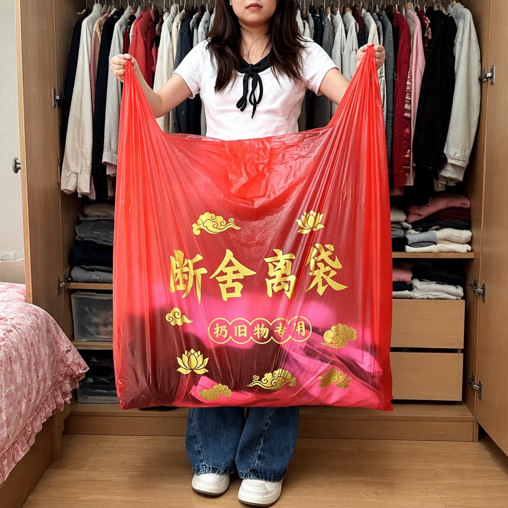 【扔旧衣服红袋】断舍离清旧物红色塑料袋手提垃圾袋1米超大加厚