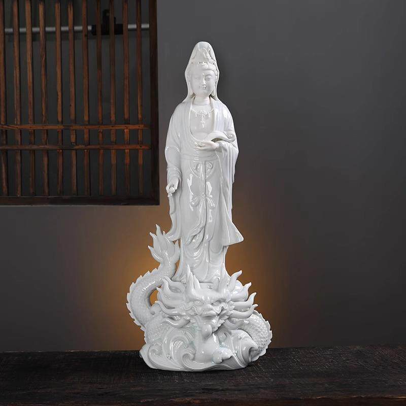 保平安观音佛像供奉家用摆件德化白瓷御龙观世音菩萨像玄关办公室