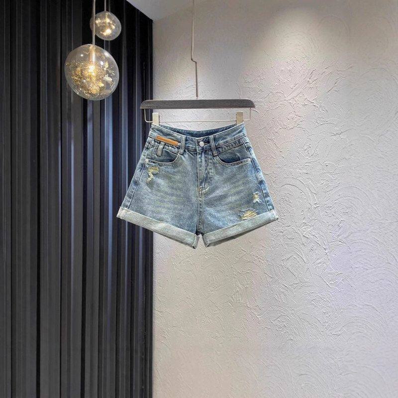 复古磨破卷边字牛仔短裤女2025夏季新款小众高腰宽松显瘦阔腿热裤