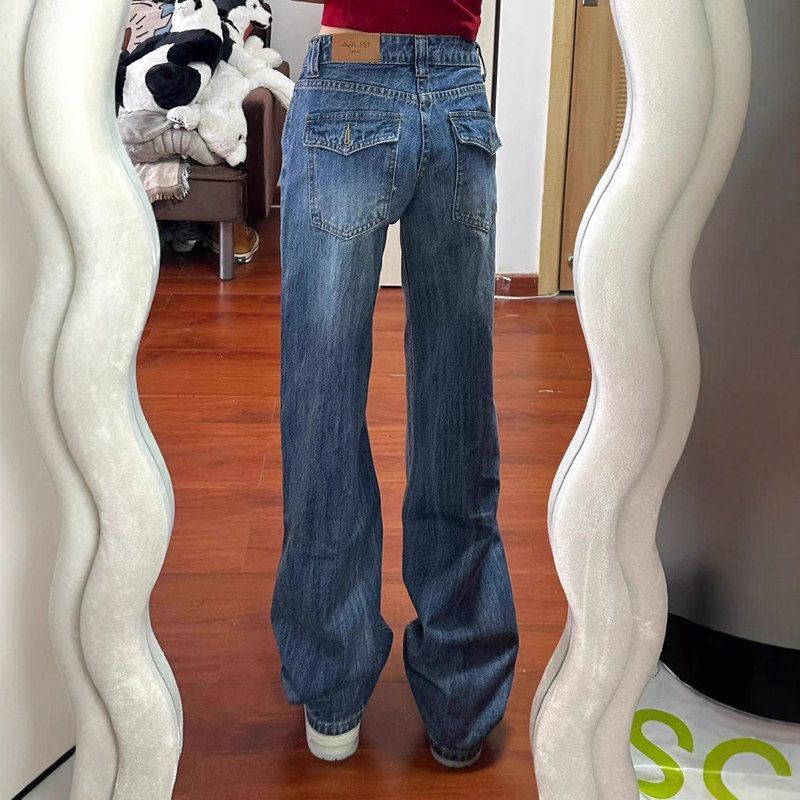 美式水洗折痕高腰阔腿牛仔裤女士夏季潮流新款胖mm宽松显瘦拖地裤