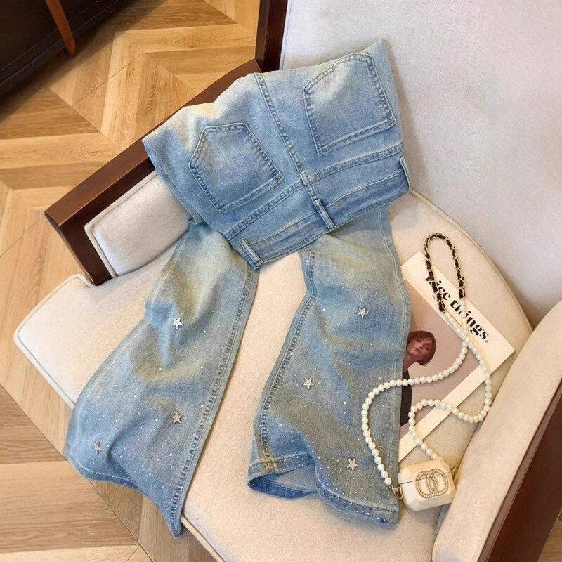 浅蓝色星星烫钻高腰微喇牛仔裤女春秋新款烫钻重工弹力显瘦马蹄裤