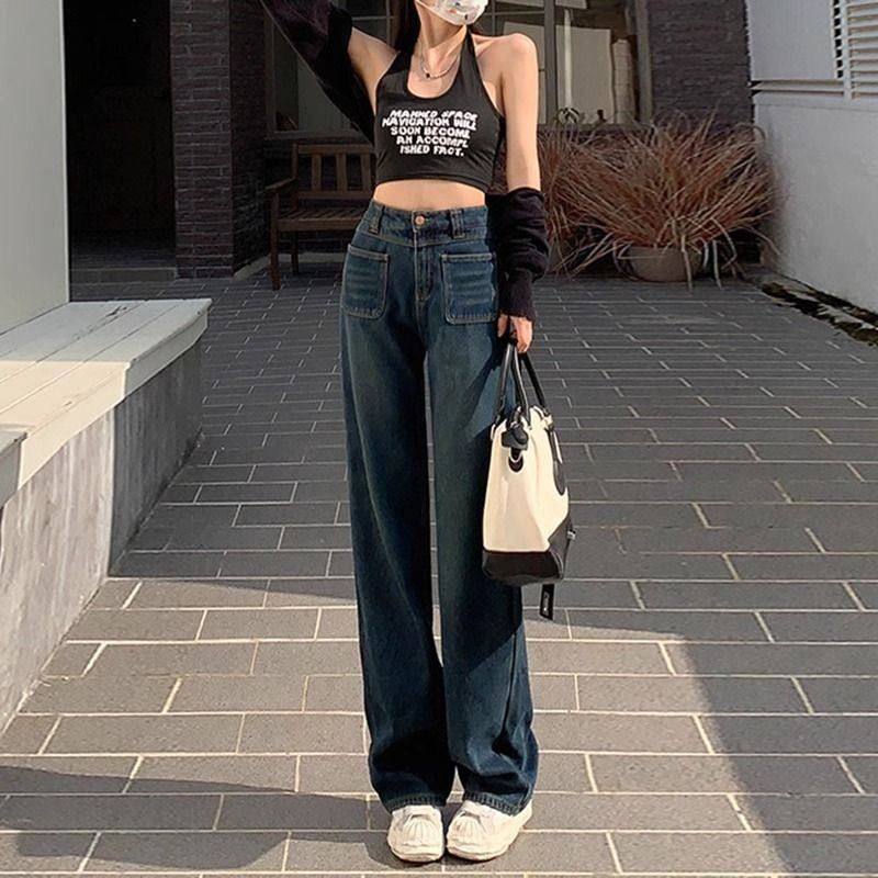 小众复古蓝窄版阔腿牛仔裤女大码胖MM高腰宽松显瘦小个子直筒长裤