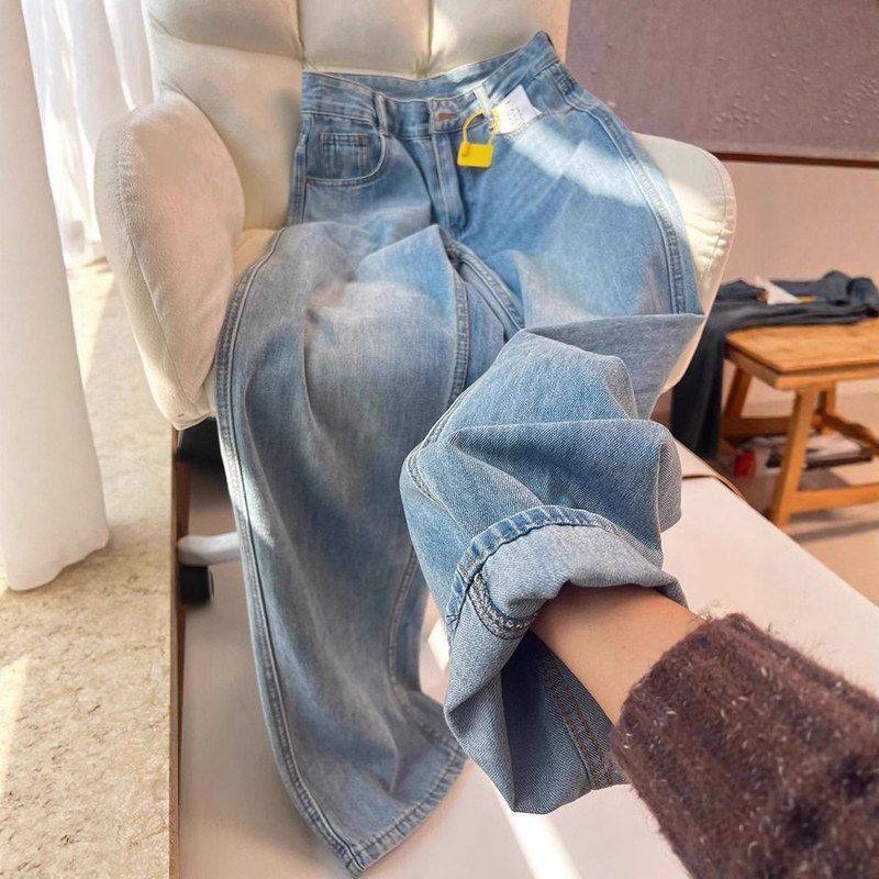 复古水洗牛仔裤女2025年春秋季薄款大码胖mm高腰宽松显瘦直筒裤子