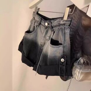 爆款 显瘦a字裤 牛仔短裤 女渐变色高腰阔腿裤 潮 夏季 子宽松热裤 时尚