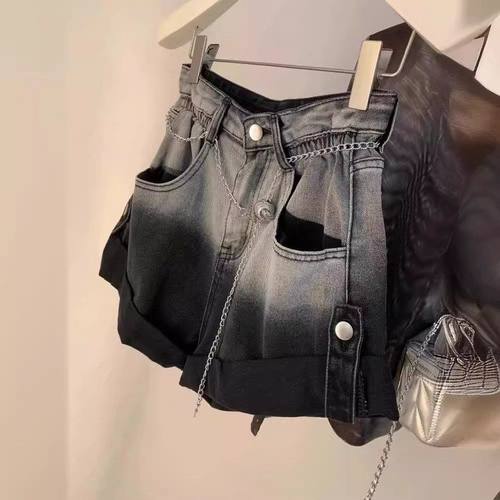 夏季时尚显瘦a字裤爆款牛仔短裤女渐变色高腰阔腿裤子宽松热裤潮