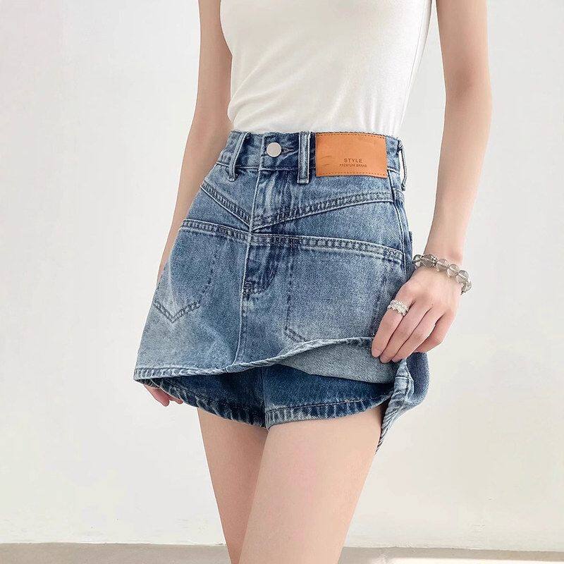 港风牛仔半身裙女夏季薄款高腰假两件短裤拼接裙裤防走光包臀裙潮