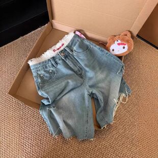 美式复古蓝色破洞牛仔短裤女夏季大码胖MM阔腿高腰直筒五分中裤子