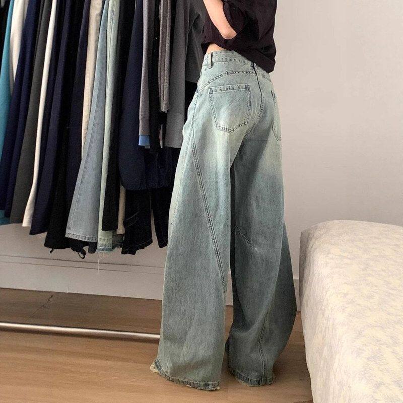 美式磨破阔腿牛仔裤女2025夏季薄款高腰宽松显瘦遮胯弯刀拖地裤子