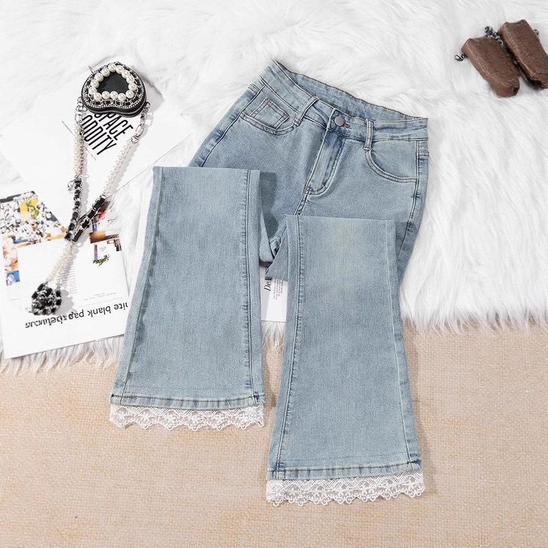 蕾丝花边微喇牛仔裤女2025春夏新款设计感高腰修身显瘦喇叭九分裤