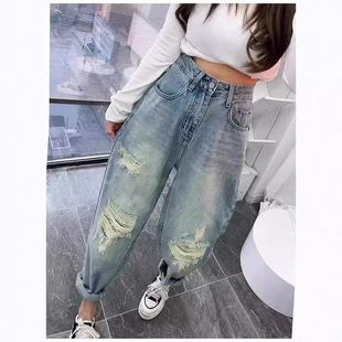 宽松显瘦哈伦阔腿老爹裤 2024夏季 女大码 高腰破洞九分牛仔裤 子 新款