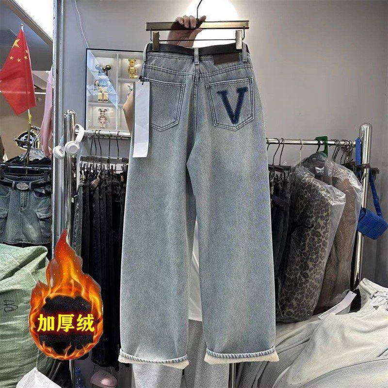 欧货加厚加绒牛仔裤女冬季2025新款高腰直筒显瘦宽松时尚阔腿长裤