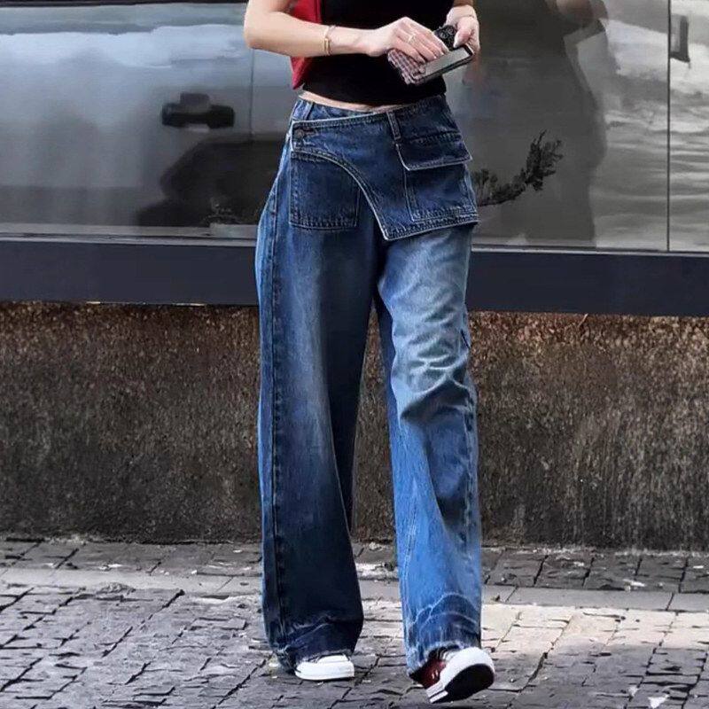 牛仔裤女2025夏季新款爆款拼接显瘦高腰长裤设计感时髦百搭阔腿裤