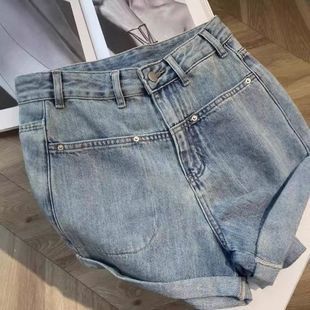 2025夏天外穿薄款大码卷边牛仔短裤女梨型身材胖mm高腰阔腿三分热
