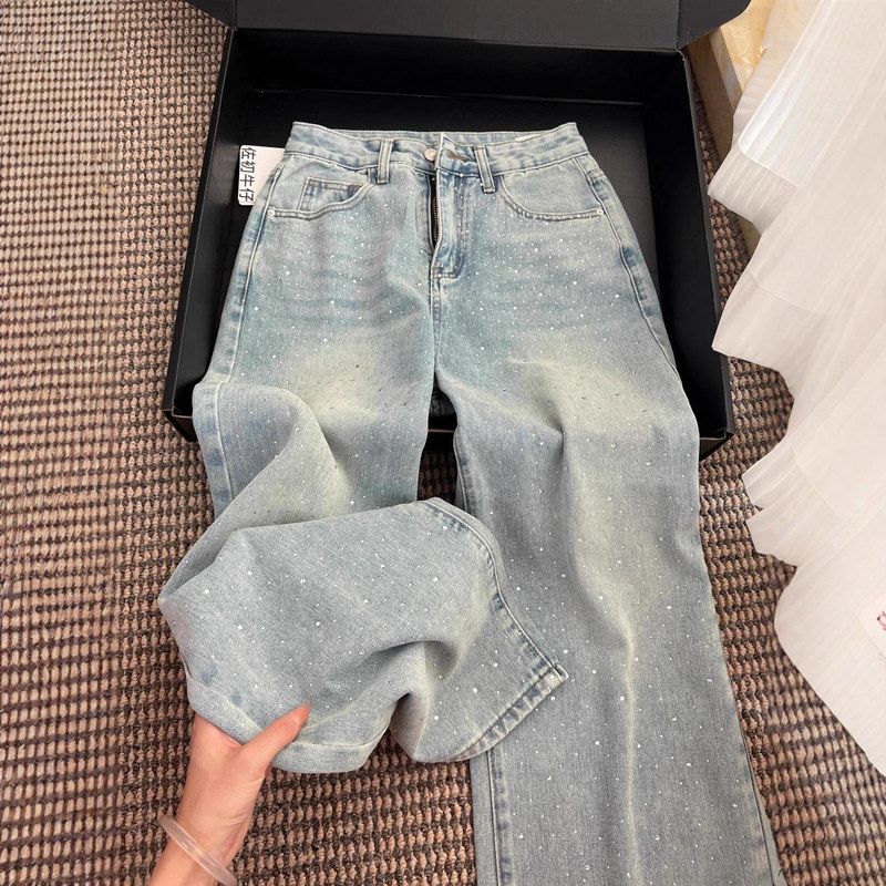 烫钻设计感阔腿牛仔裤女2025秋季新款高腰宽松显瘦烫钻重工直筒裤