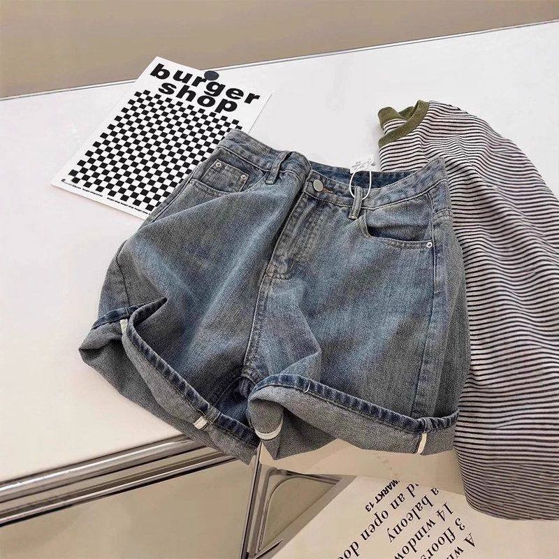 复古高腰牛仔短裤女夏季薄款大码胖mm显瘦遮肚小个子a字阔腿热裤
