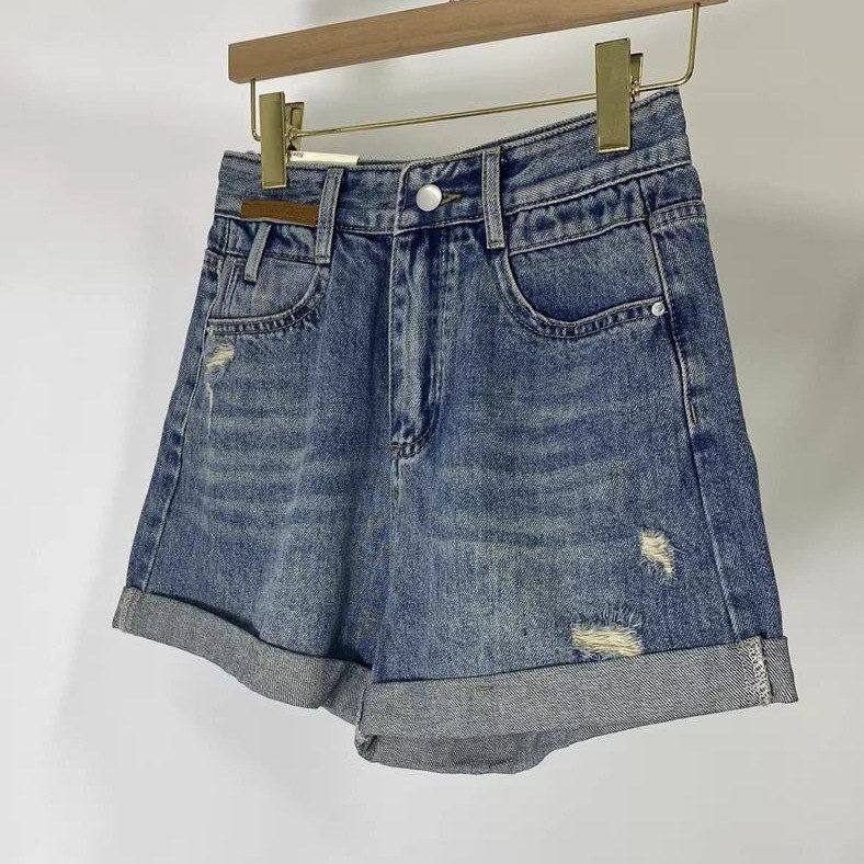 设计感高腰牛仔卷边短裤女2024夏季新款破洞阔腿裤遮胯a字热裤潮