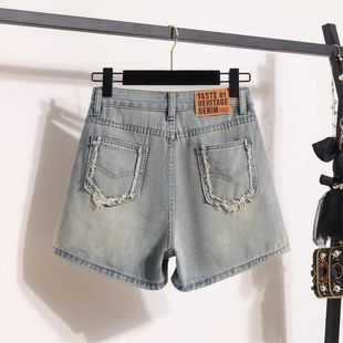 大码高腰复古牛仔短裤女2024夏季新款胖mm小个子薄款a字阔腿热裤