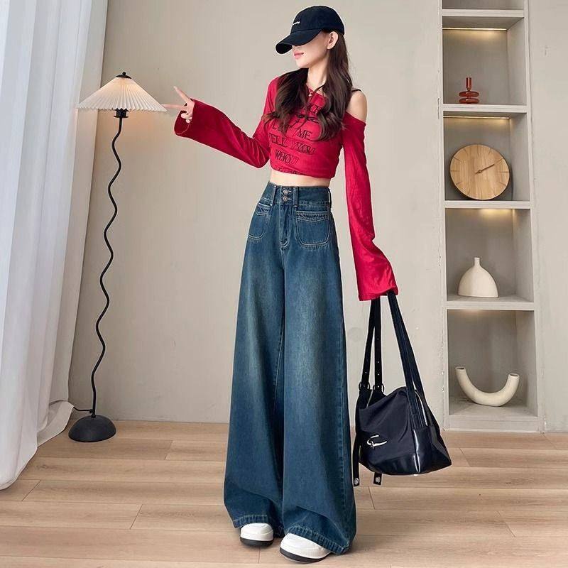 复古蓝阔牛仔裤女夏季新款大码直筒胖mm高腰显瘦梨形身材宽松裤子