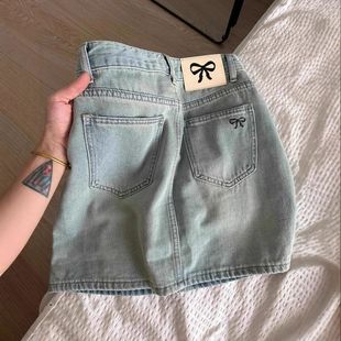 美式复古蝴蝶结刺绣牛仔半身裙女夏季辣妹包臀超短裙a字显瘦裙子