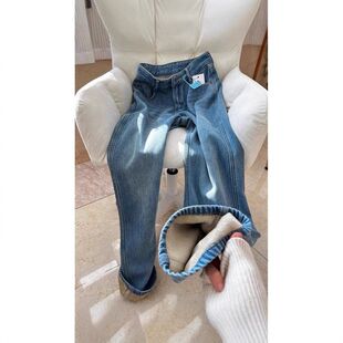 复古窄版加绒牛仔裤女2025新款秋冬宽松直筒小个子梨型身材阔腿裤