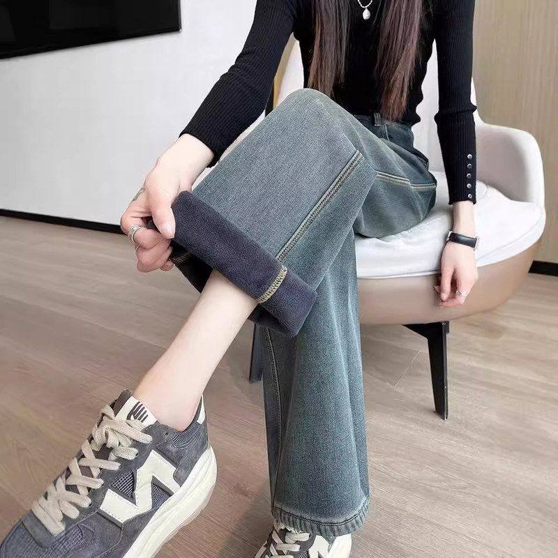 怀旧蓝窄版牛仔阔腿裤女秋冬新款高腰宽松显瘦加绒加厚复古直筒裤