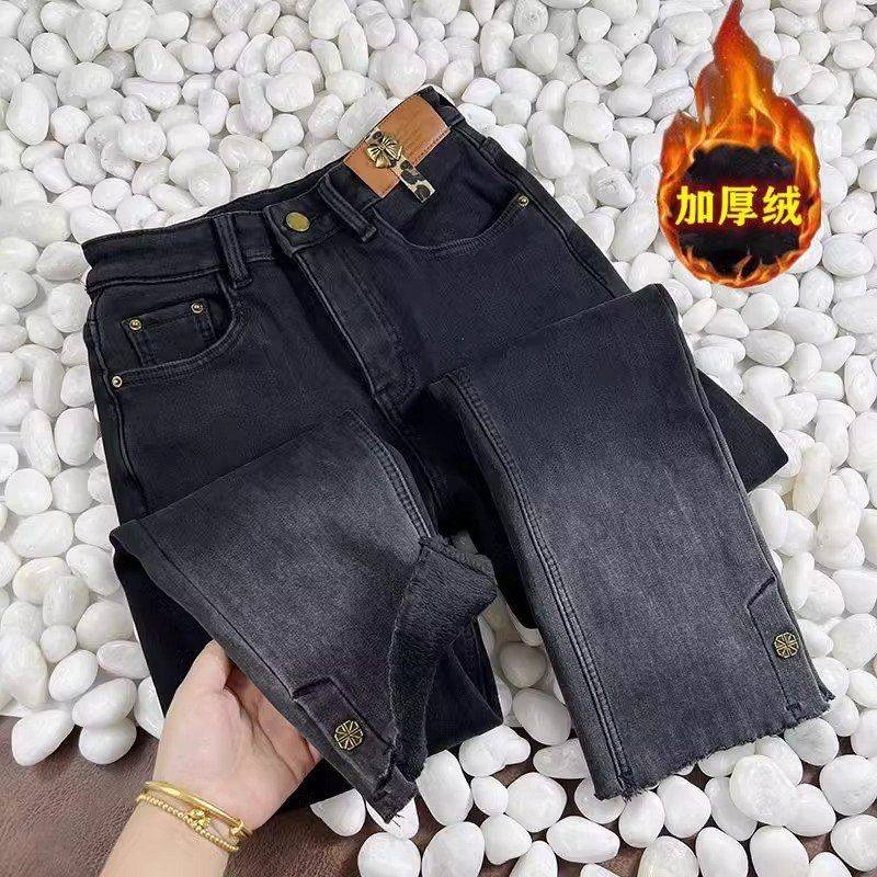 高腰直筒小个子加厚加绒牛仔裤女秋冬大码渐变色开叉烟管九分裤潮
