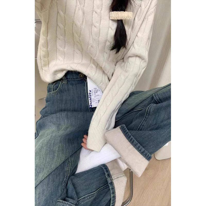 小众加绒加厚复古蓝直筒牛仔裤女胖MM冬新款高腰宽松设计感阔腿裤