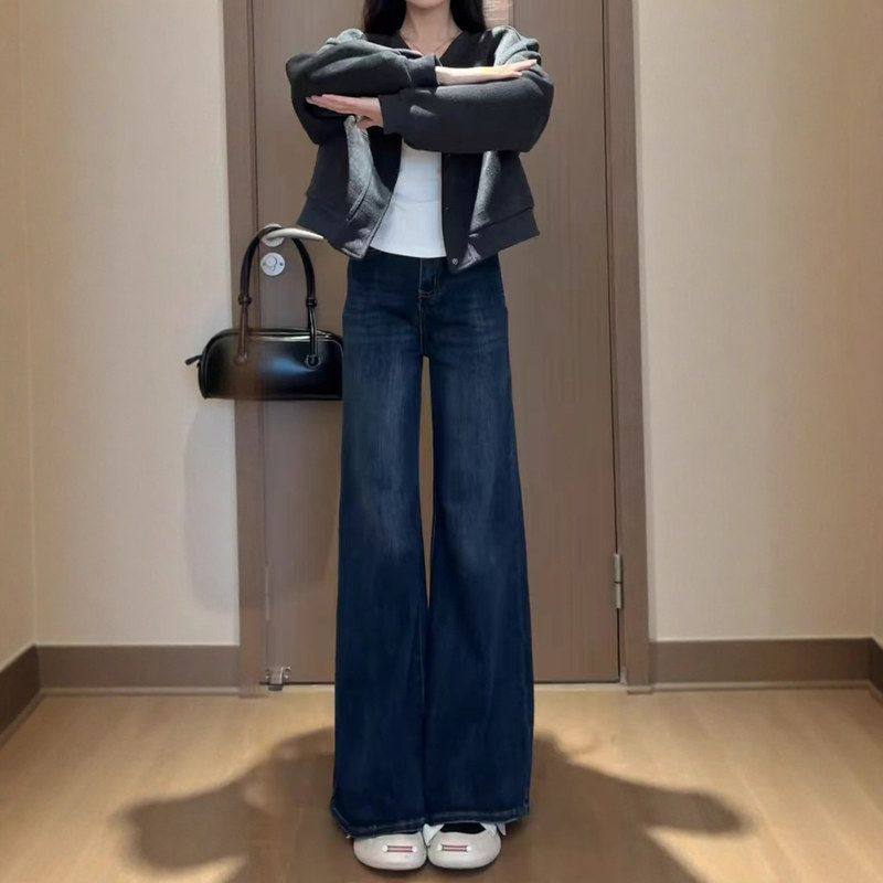 深蓝色阔腿牛仔裤女2025秋季新款大码梨型胖MM身材高腰显瘦微喇裤