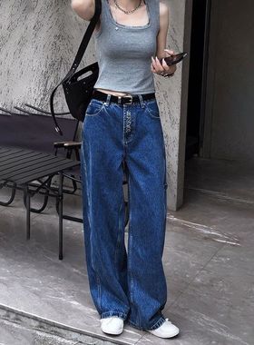 设计双口袋复古深蓝牛仔裤女春夏薄款大码梨型身材高腰宽松阔腿裤