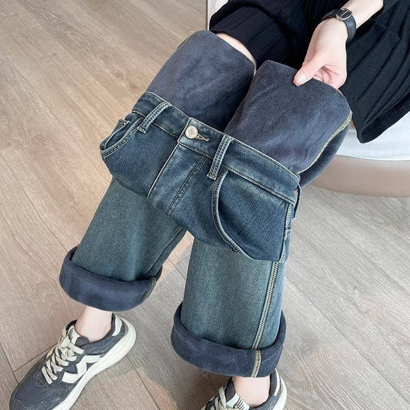 复古蓝窄版牛仔阔腿裤女秋冬新款高腰宽松显瘦加绒加厚复古直筒裤