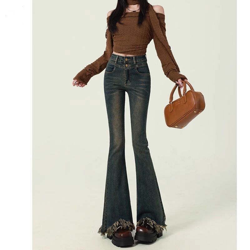 小众复古蓝微喇牛仔裤女2024春新款设计感高腰显瘦毛边流苏喇叭