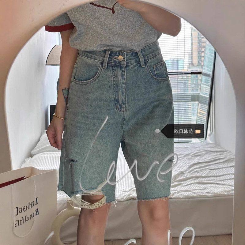 大码复古水洗破洞五分牛仔裤女夏季设计感高腰宽松直筒阔腿中裤潮,女装/女士精品,牛仔裤,淘宝优惠券,粉丝福利购,淘宝优惠卷