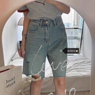 大码复古水洗破洞五分牛仔裤女夏季设计感高腰宽松直筒阔腿中裤潮