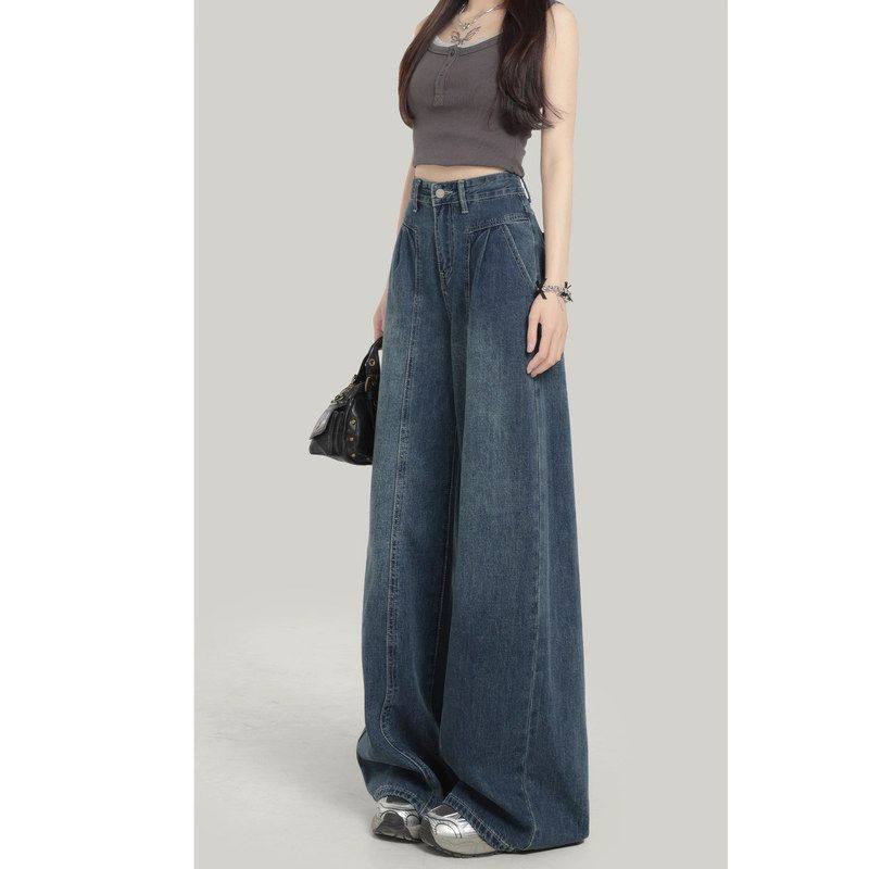 复古褶皱阔腿牛仔裤女2025秋季新款胖mm高腰宽松显瘦垂感直筒裤子