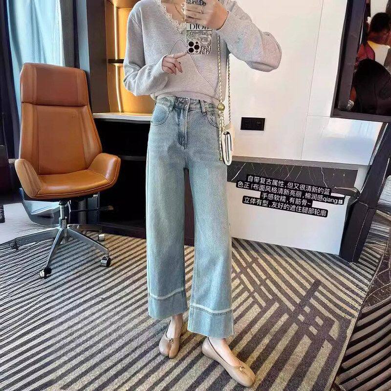 大码女装胖妹妹百搭显瘦九分裤2024年春季新款浅色阔腿直筒牛仔裤
