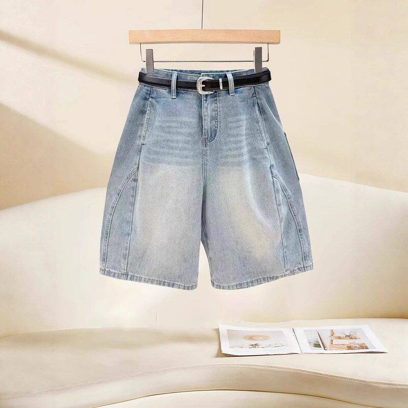 浅蓝色花苞工装牛仔短裤女夏季薄款胖mm宽松显瘦休闲高腰五分中裤