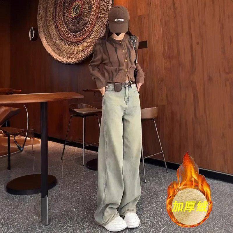 复古水洗高腰牛仔裤女2024秋冬季新款加绒加厚直筒阔腿休闲长裤子,女装/女士精品,牛仔裤,淘宝优惠券,粉丝福利购,淘宝优惠卷