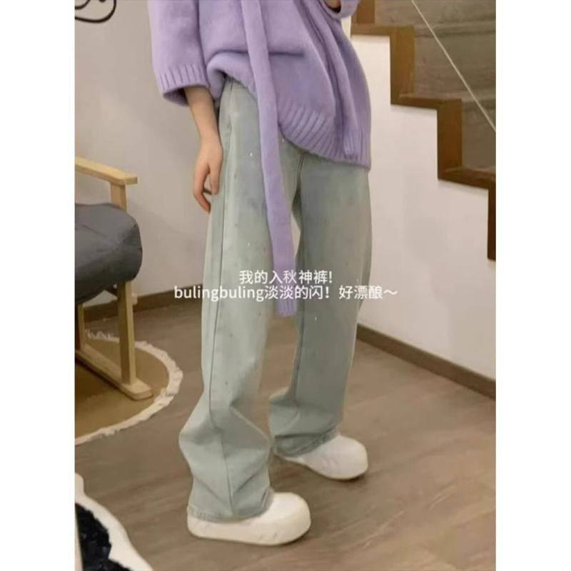 美式高街复古满钻设计直筒牛仔裤女秋季新款高腰宽松垂感阔腿长裤