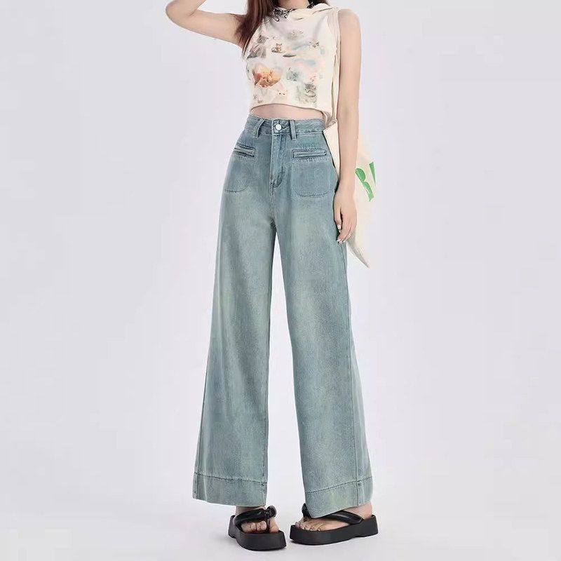 浅蓝小个子阔腿牛仔裤女春秋2024新款高腰显瘦宽松垂感直筒长裤子