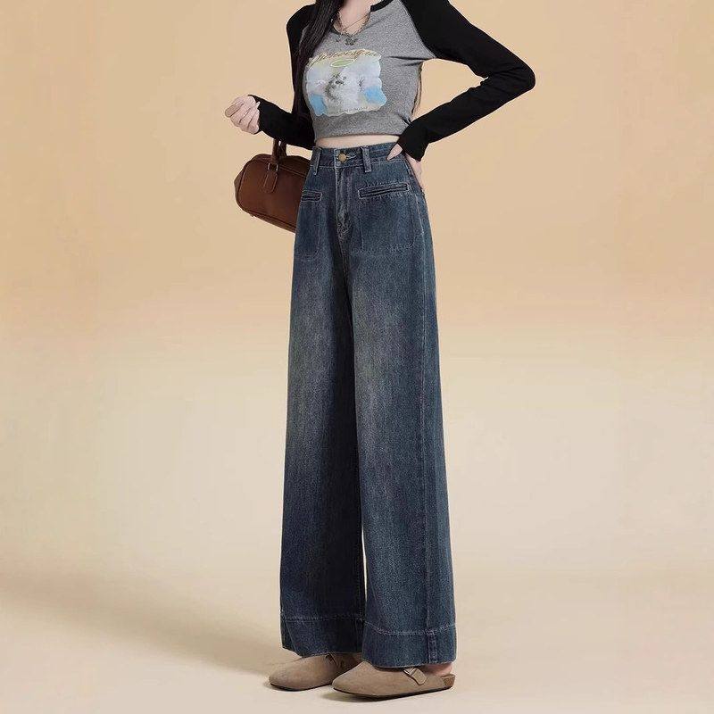 深蓝色阔腿牛仔裤女2025春季大码胖mm宽松显瘦高腰小个子直筒长裤