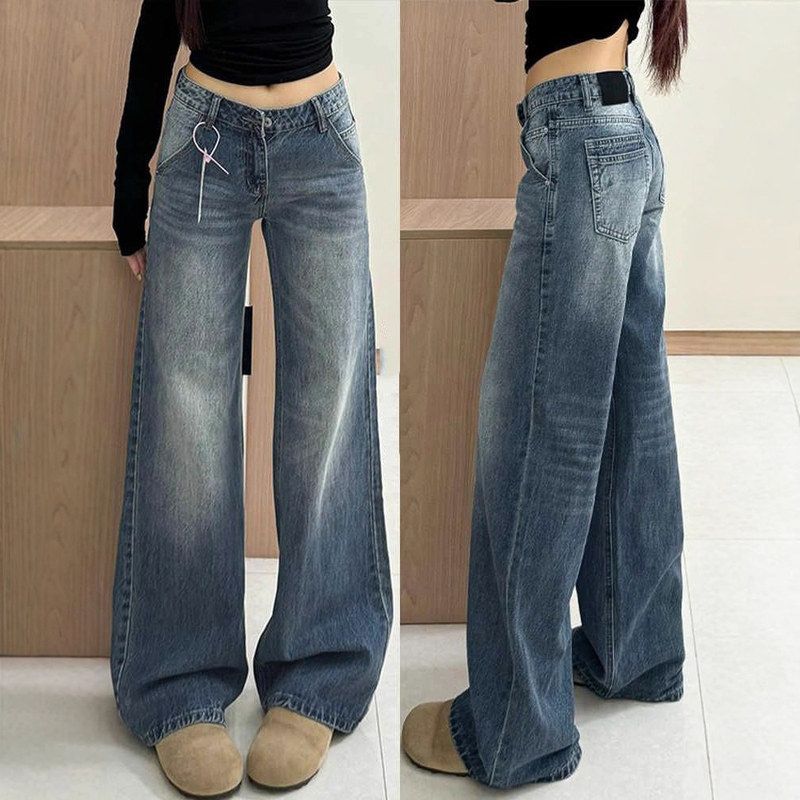 复古水洗设计感直筒牛仔裤女2025春秋新款高要宽松显瘦百搭拖地裤