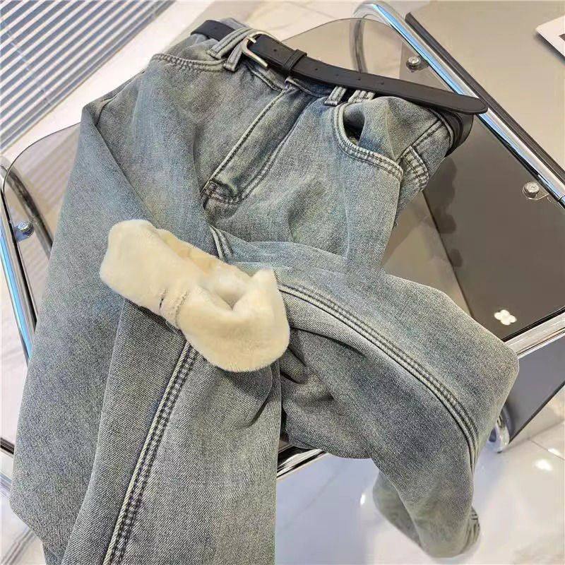 加绒加厚蓝色直筒牛仔裤女胖MM大码冬新款高腰百搭宽松显瘦阔腿裤