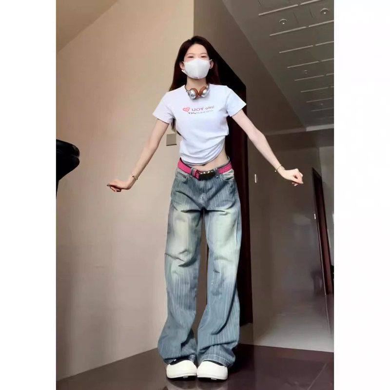 慵懒风条纹阔腿牛仔裤女2024早秋新款低腰宽松垂感直筒牛仔裤子潮