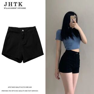 外穿弹力高腰紧身显瘦包臀热裤 女夏季 女辣妹短裤 黑色高腰牛仔短裤