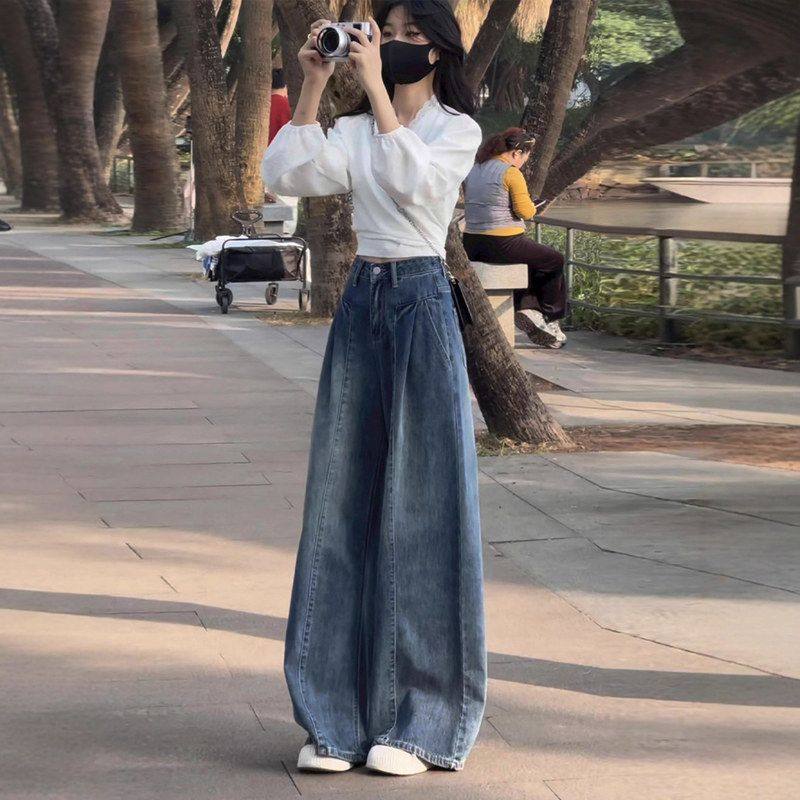 复古蓝色垂感阔腿牛仔裤女春秋新款大码胖mm宽松显瘦直筒拖地裤子