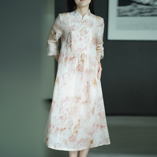 艾绘新中式 休闲淡雅含蓄气质长裙 复古苎麻斜开襟印花连衣裙女夏季