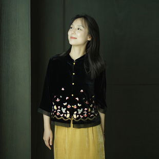 国风复古盘扣上衣 外套女秋冬季 艾绘馆新中式 真丝丝绒刺绣七分袖